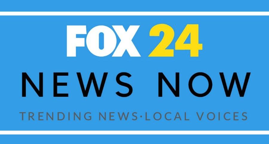 A blue sign that says fox 24 news now on it