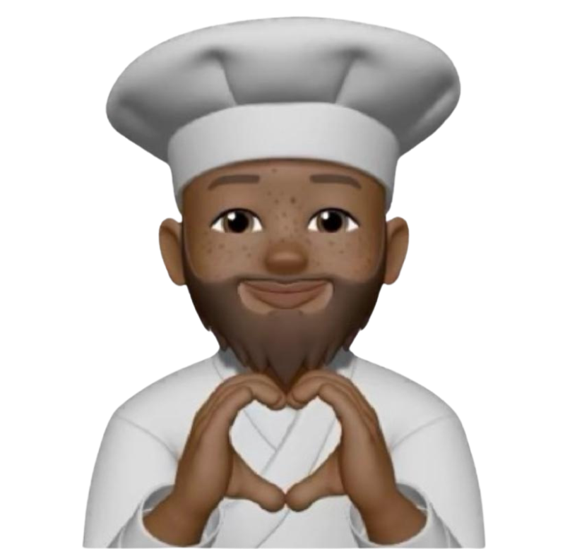 Chef avatar, dark-skinned, making a heart with his hands, wearing a chef's hat and coat, smiling.