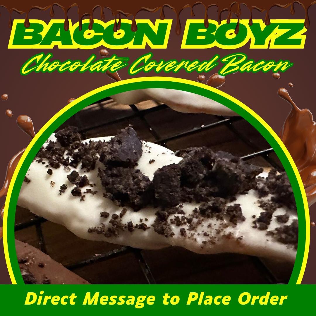 Chocolate-covered bacon from Bacon Boyz, with Oreo topping. Dark chocolate backdrop, yellow and green text.