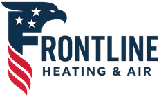 Frontline Heating & Air logo with stylized eagle and red-striped wing