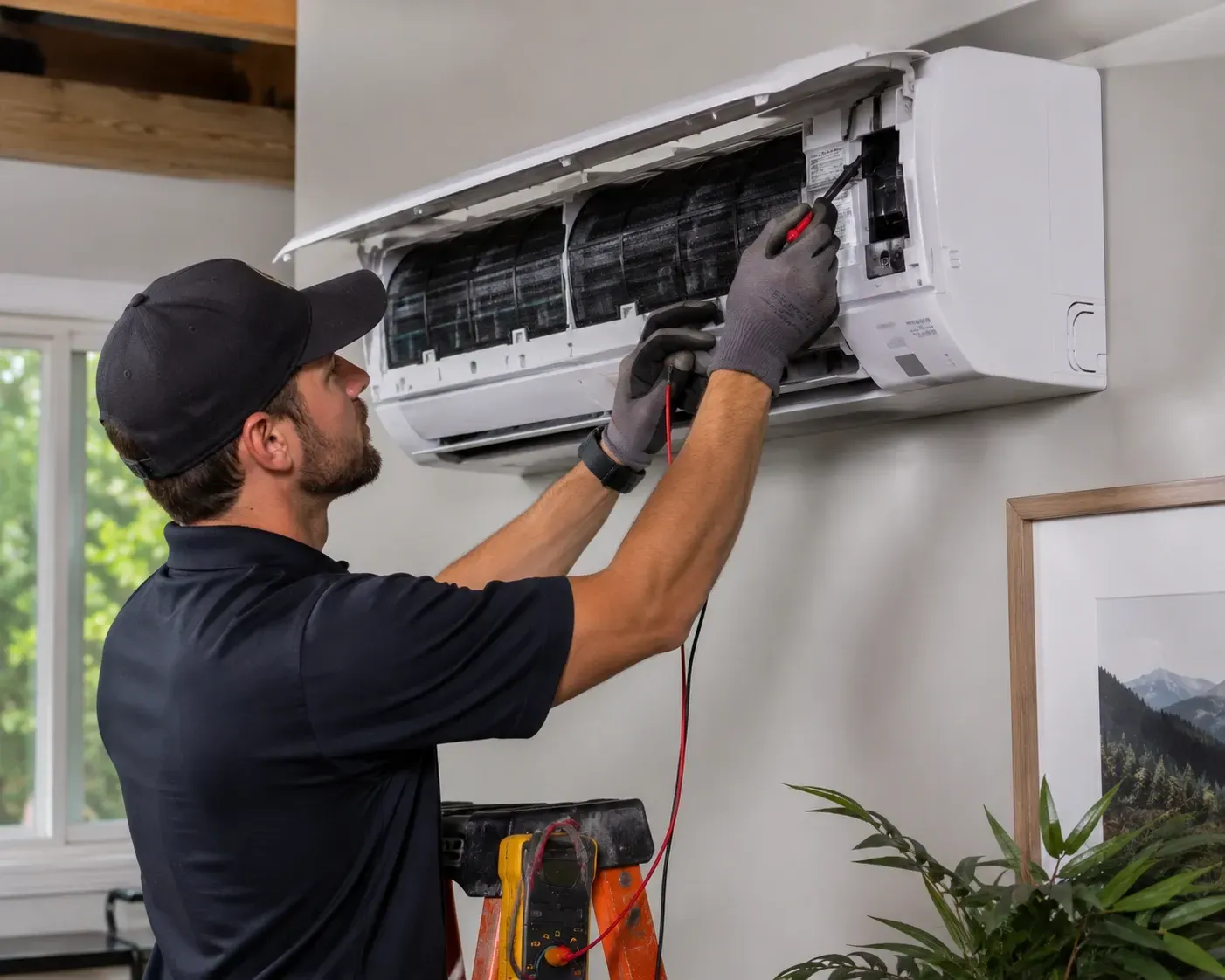 Technician repairing a wall-mounted air conditioner with tools in a home interior