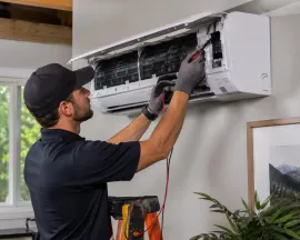 Technician repairing a wall-mounted air conditioner indoors with tools and gloves