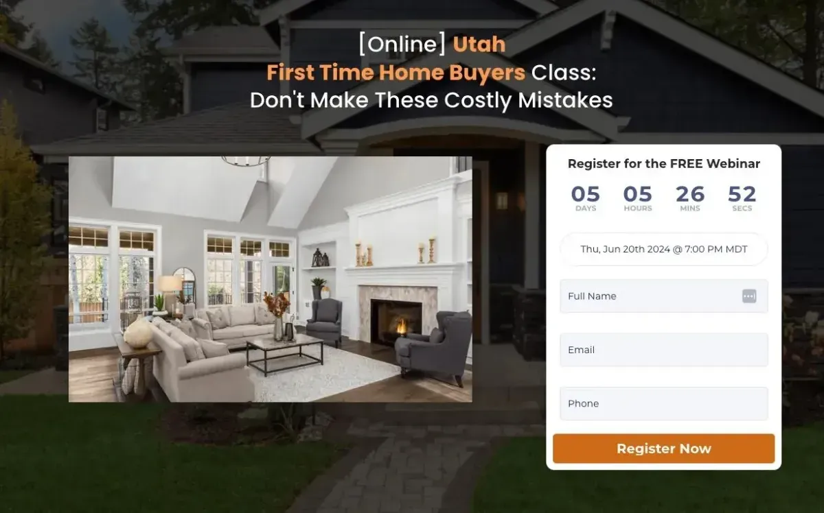 Online Utah first-time home buyers class registration, with a living room photo and countdown timer.