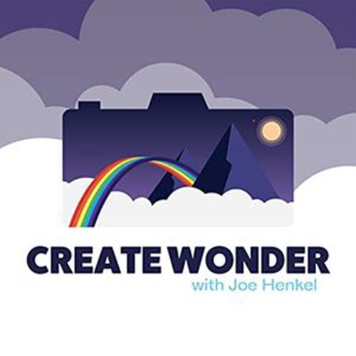 A stylized camera captures a rainbow arching over mountains, with a moon and clouds,