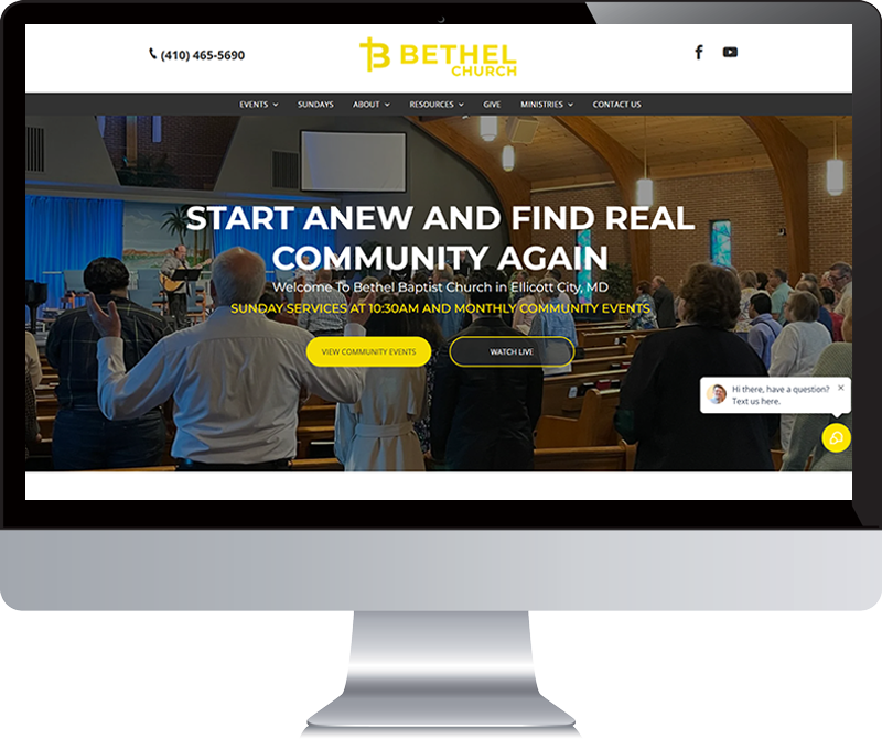 Bethel Church website homepage on a computer screen, showcasing a church interior