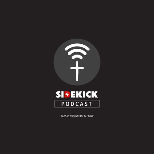 Logo for the Sidekick Podcast. A white wifi symbol and cross inside a gray circle over a black background.