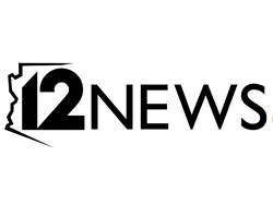 A black and white logo for a news channel called 12 news.