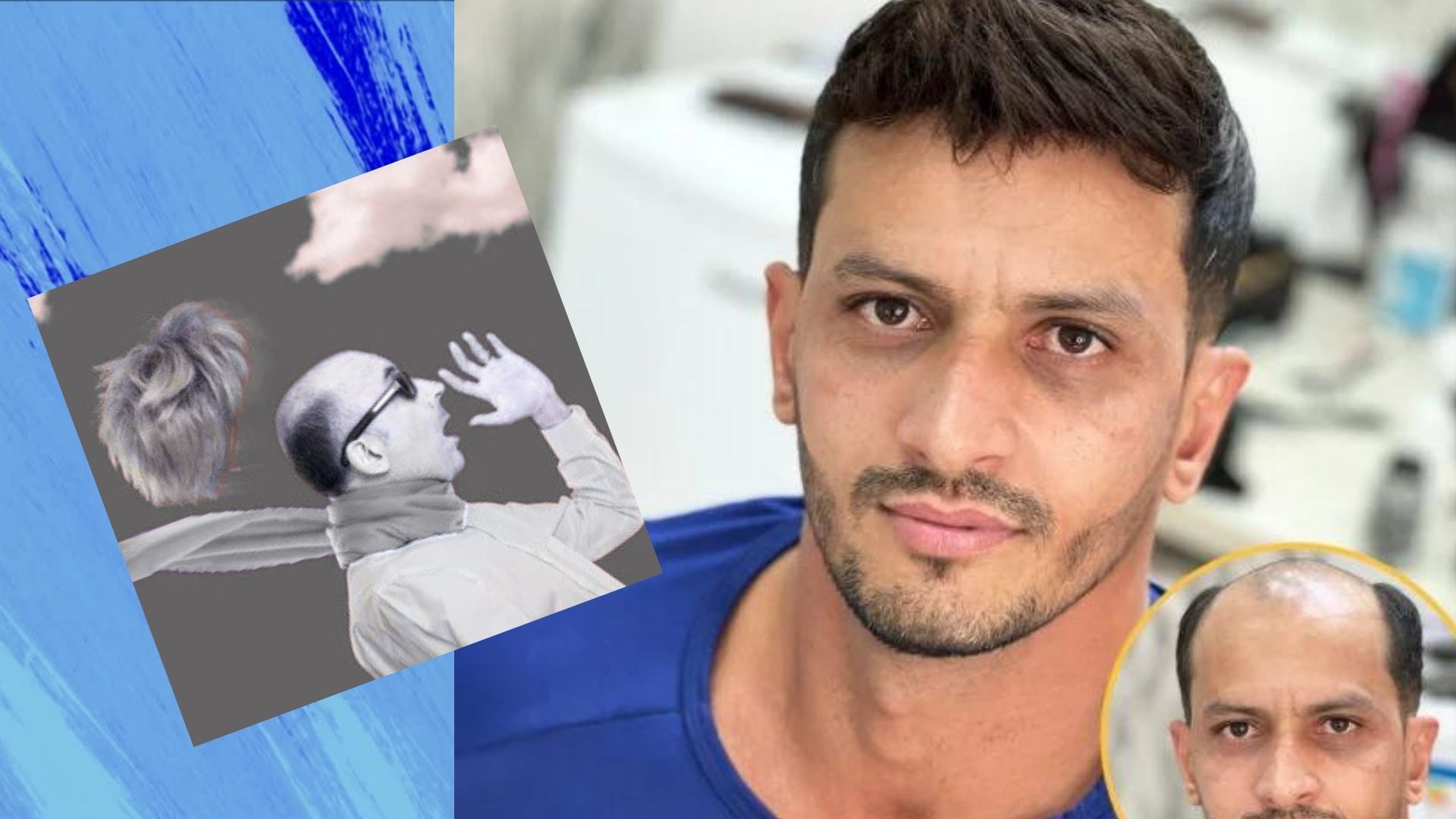 old man toupee flying off.   young handsome man