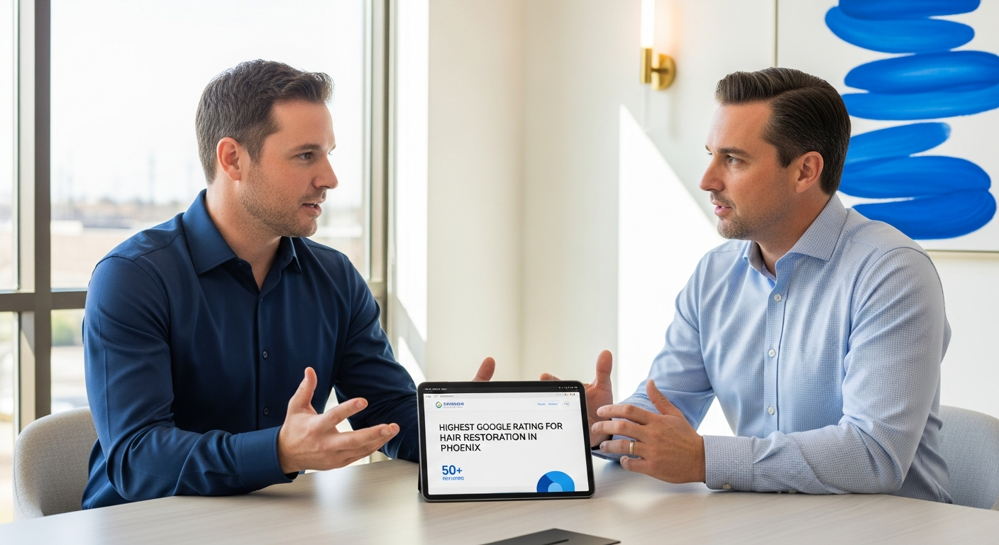 A hair specialist measures a client's head with a measuring tape in two stages during a hair replacement consultation.