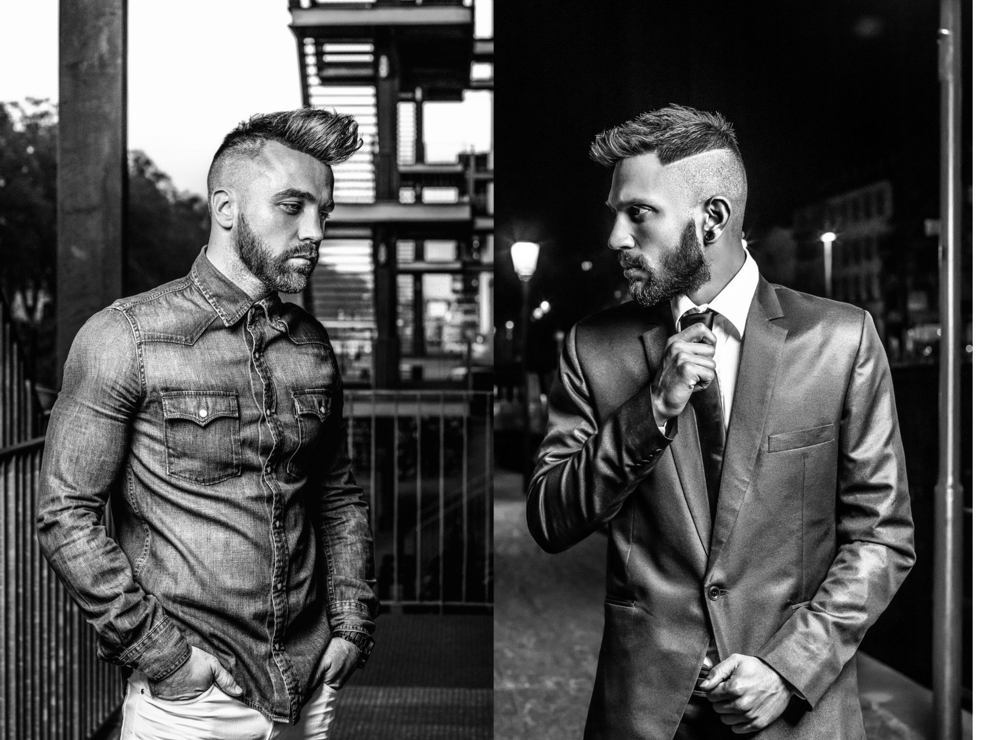 Split black and white photo of a man in denim shirt and suit, same pose, different setting.