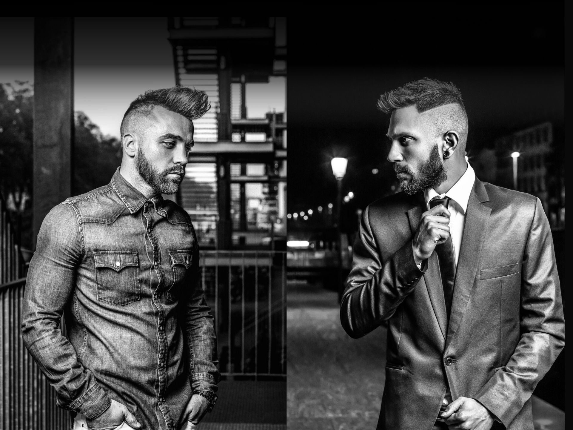 Two side-by-side black and white photos: man in denim shirt outdoors; man in suit adjusting tie at night.