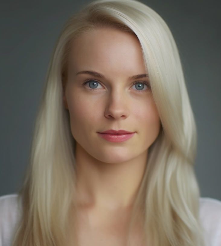 A woman with blonde hair and blue eyes looks at the camera