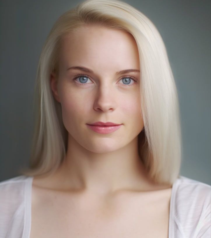 A woman with blonde hair and blue eyes is wearing a white shirt.