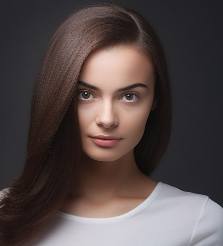 A woman with long brown hair is wearing a white shirt and looking at the camera.