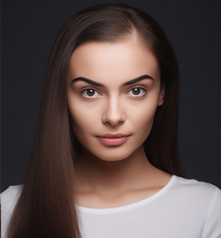 A woman with long hair is wearing a white shirt and looking at the camera.