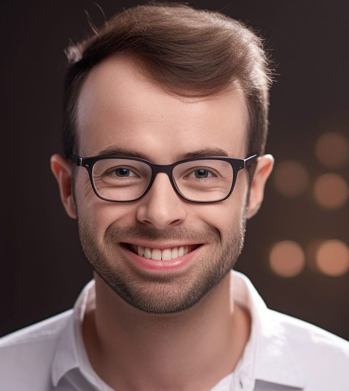 A smiling man wearing glasses and a white shirt