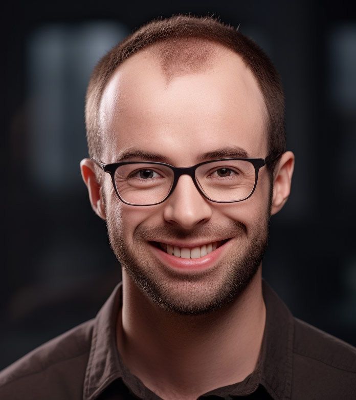 A smiling man wearing glasses and a brown shirt