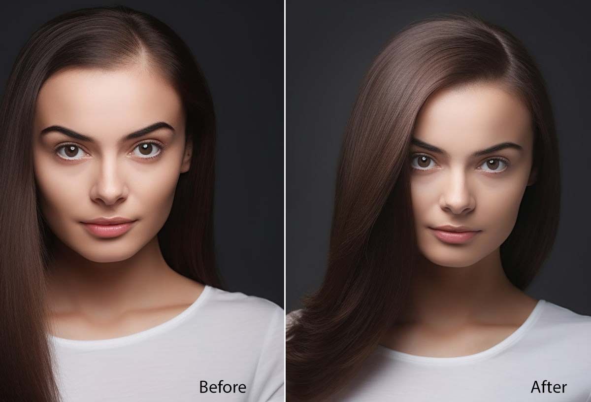 A before and after photo of a woman 's hair