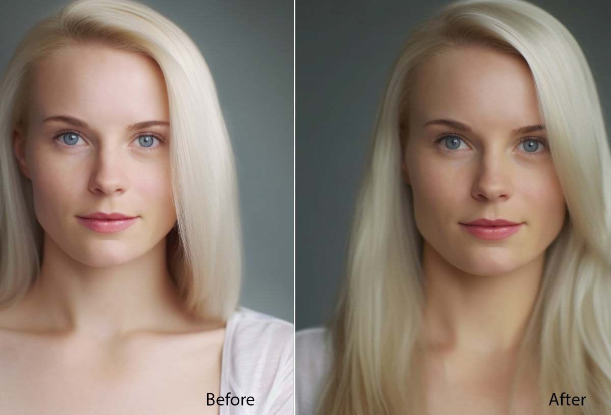 A before and after photo of a woman with blonde hair