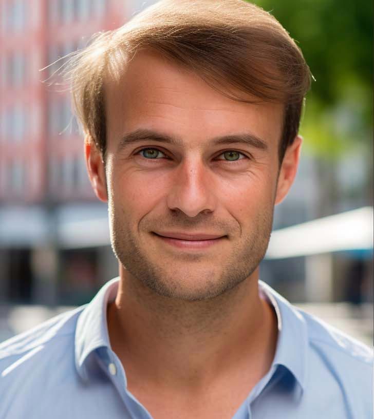 A man in a blue shirt is smiling for the camera