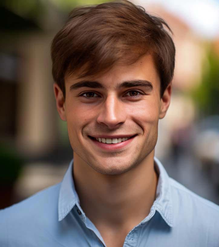 A young man in a blue shirt is smiling for the camera.