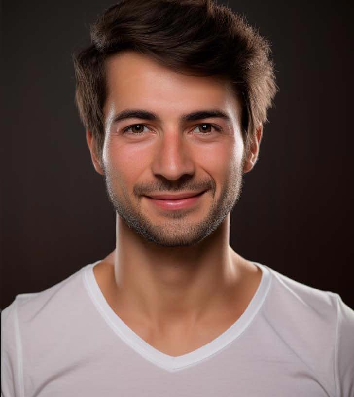 A young man wearing a white shirt is smiling for the camera.