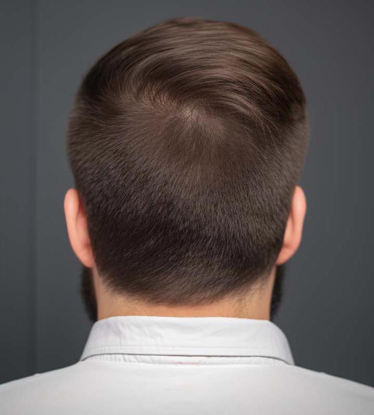 The back of a man 's head with a beard and a white shirt.