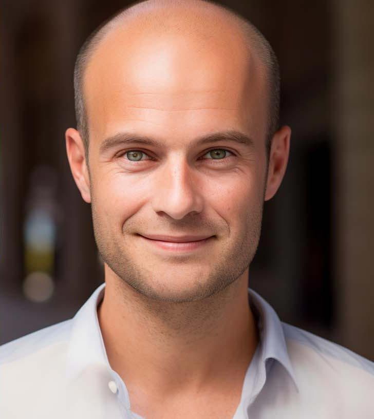 A bald man in a white shirt is smiling for the camera.