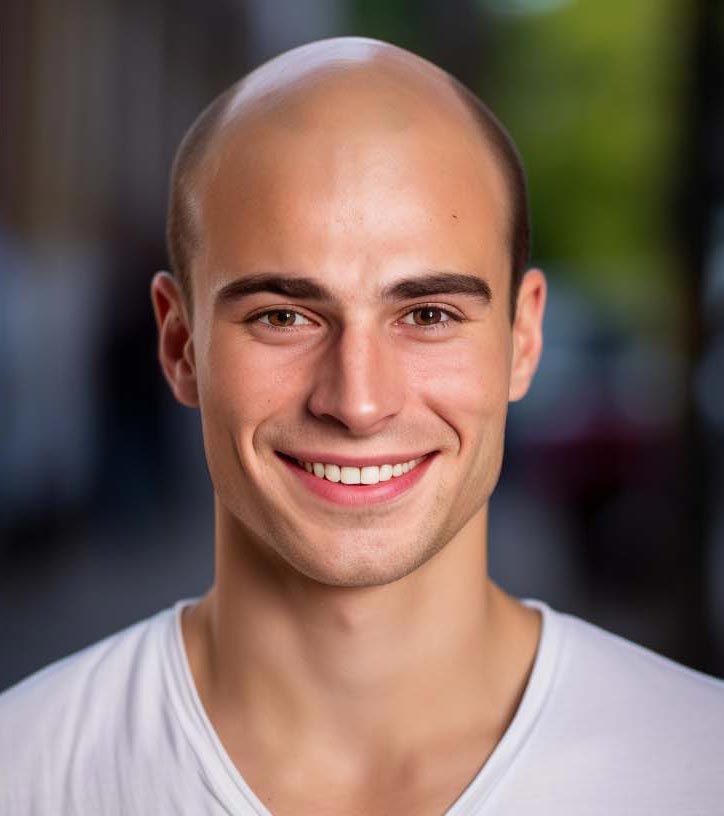 A bald man is smiling for the camera while wearing a white shirt.