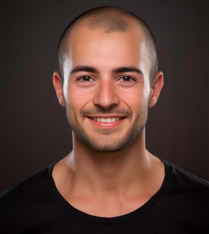 A man with a shaved head is smiling for the camera while wearing a black shirt.