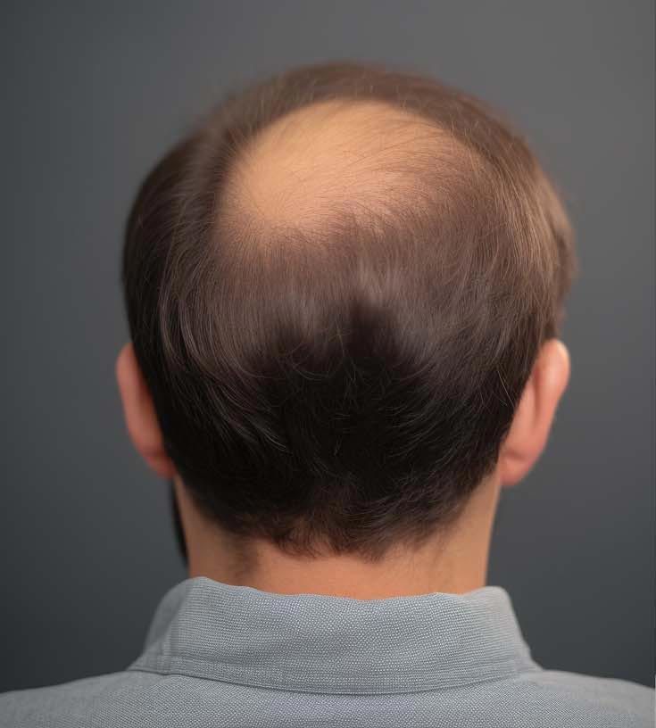 The back of a man 's head with a bald spot.