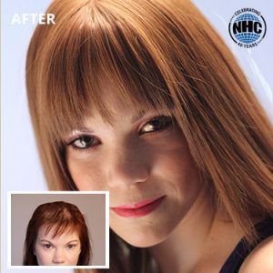A before and after photo of a woman 's hair