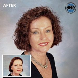 A before and after photo of a woman with curly hair
