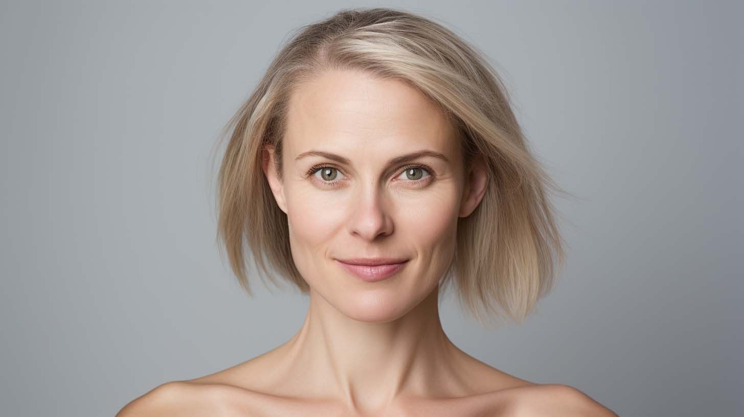 A close up of a woman 's face with a gray background.