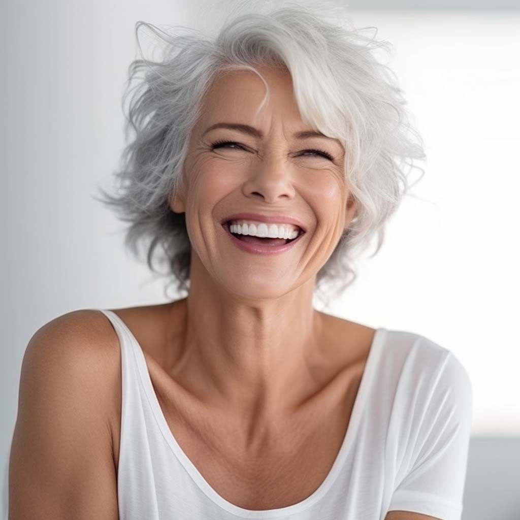 A woman with gray hair is smiling and wearing a white tank top.