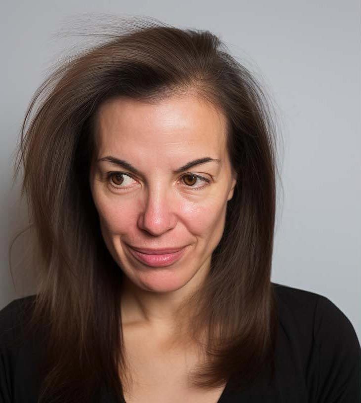 A woman with long brown hair is wearing a black shirt and smiling.