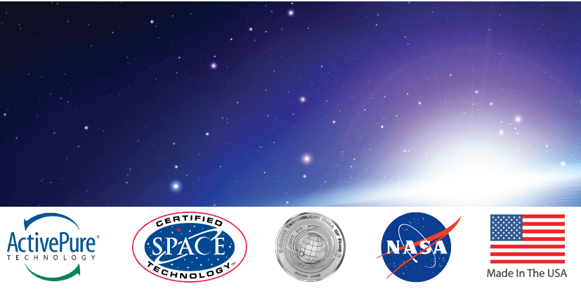 ActivePure and NASA logos with a silver seal and U.S. flag on a blue starry background