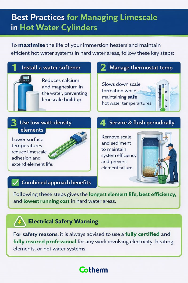 Cotherm infographic illustrating best practices for managing limescale on the immersion heater element and in the hot water cylinders, including water softeners, thermostat settings, low watt density elements, and regular maintenance.