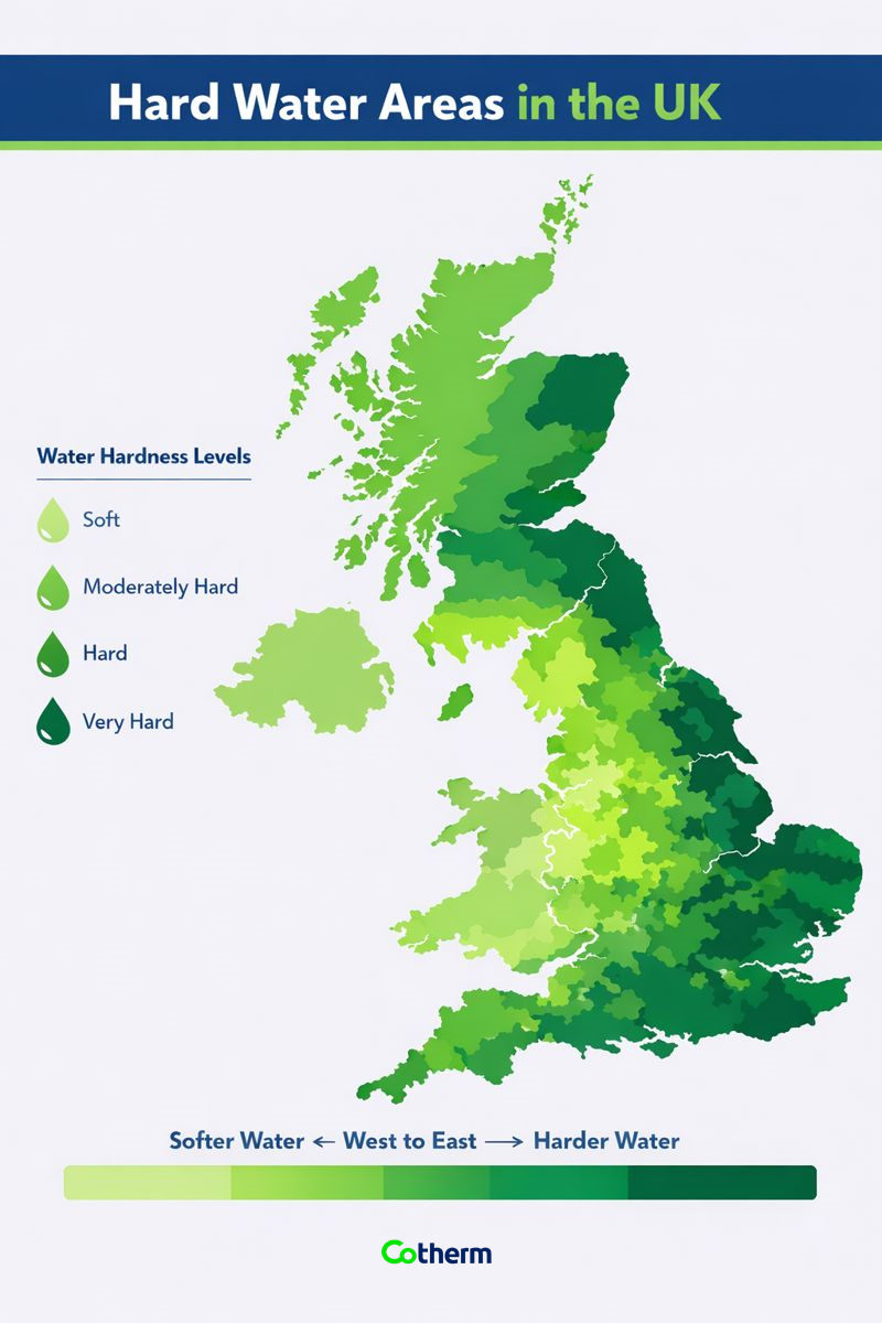 Cotherm map of the UK highlighting hard and soft water areas, showing regions with high and low mineral content that affect immersion elements in hot water systems.