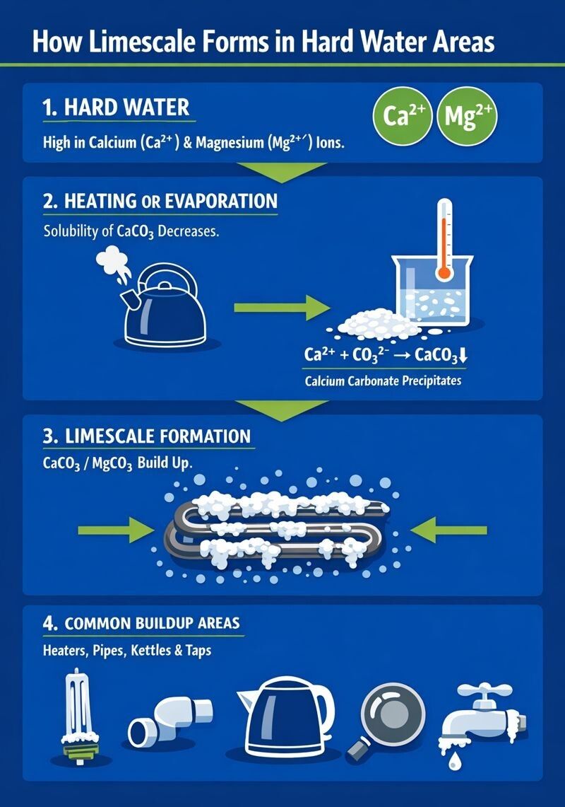 Cotherm infographic showing how limescale forms in hard water areas, explaining calcium and magnesium ions, heating, chemical reaction, and common buildup on immersion elements, hot water cylinders, water heaters, pipes, kettles, and taps.
