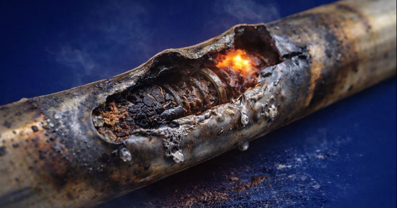 Close-up of immersion heater element failed by limescale buildup causing a hot spot and premature burnout in hard water UK