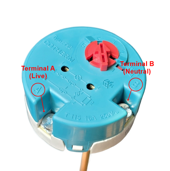 TSE Rod Thermostat showing correct wiring terminals