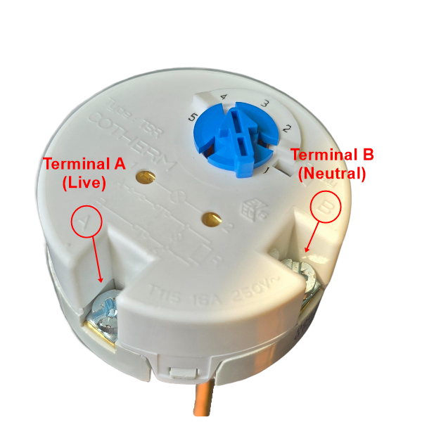 TSR Rod Thermostat showing correct wiring terminals