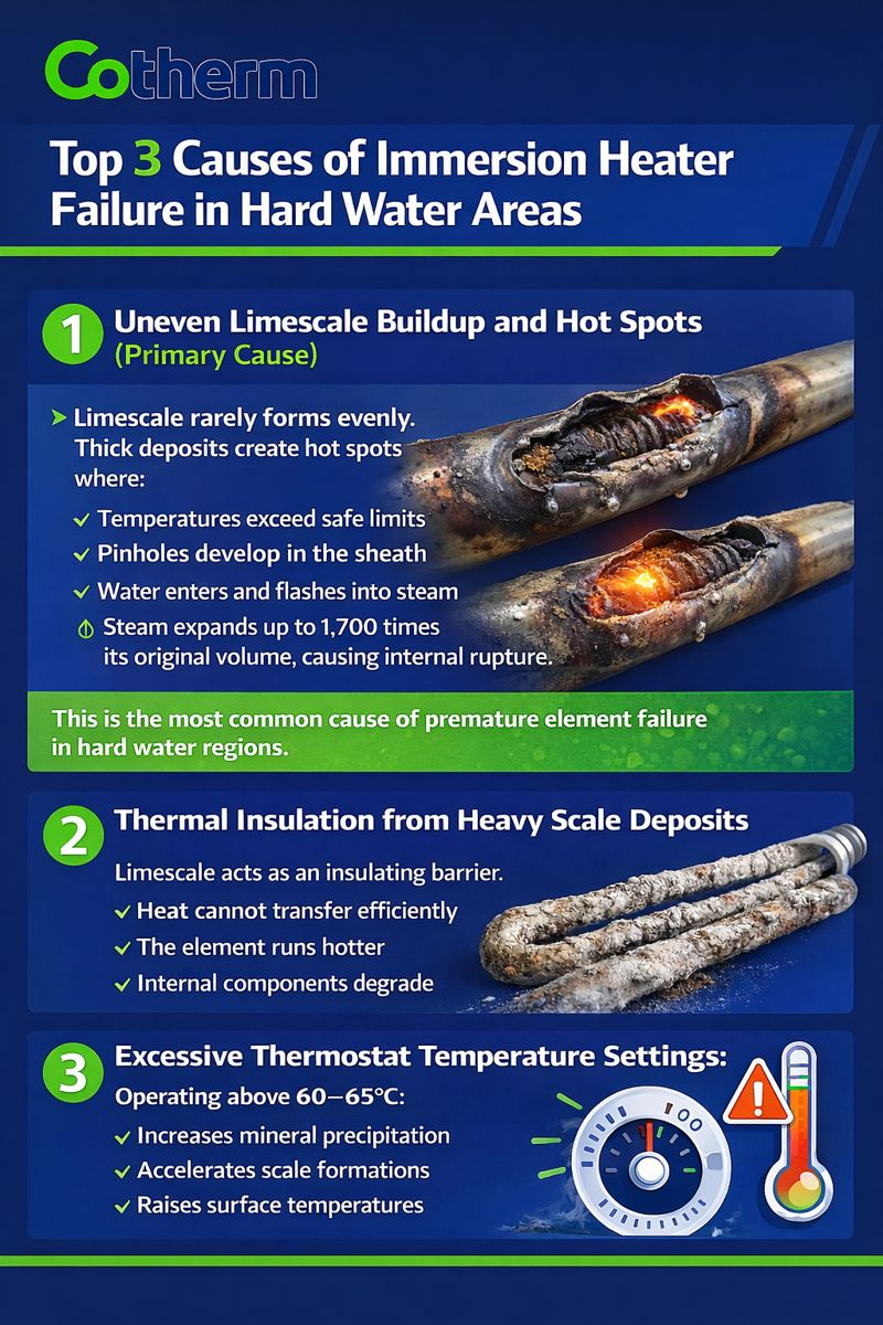 Cotherm infographic showing top three immersion heater failure causes UK: uneven limescale buildup and hot spots, heavy scale thermal insulation, and excessive thermostat temperature settings