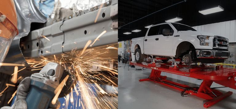 A person is grinding a piece of metal next to a truck on a lift.