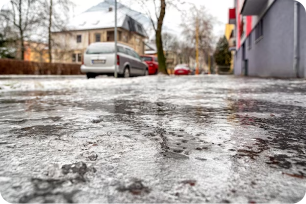 A car is parked on a snowy sidewalk in front of a building.