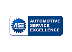 The logo for automotive service excellence is blue and white.