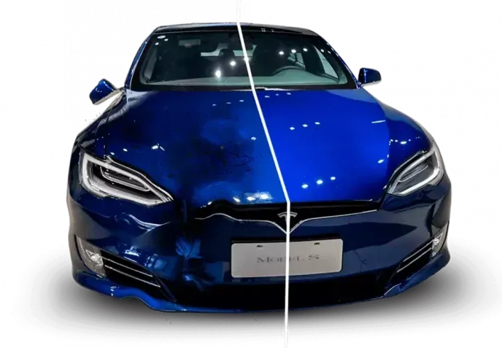 A blue tesla model s is split in half on a white background.