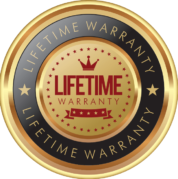 A gold and black lifetime warranty seal with a crown on it