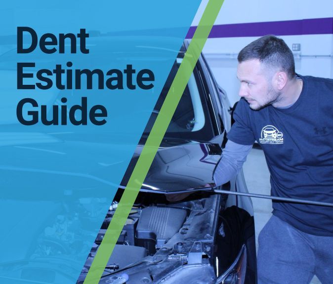 A man is working on a car with the words dent estimate guide above him